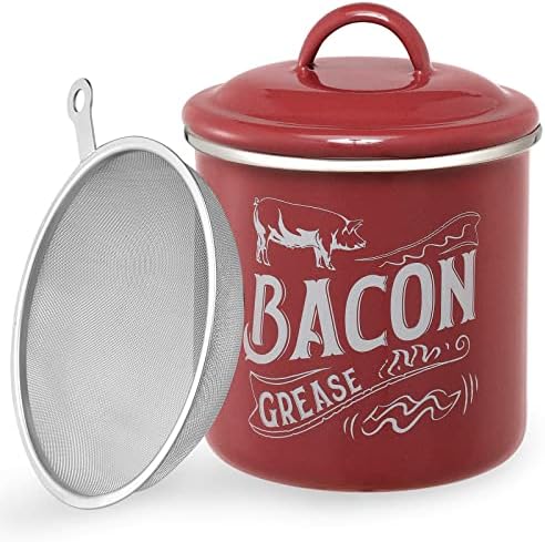 You are currently viewing 1.3L Bacon Grease Saver Container with Fine Strainer – Red Enamel & Stainless Steel Oil Keeper Can for Bacon Fat Dripping – Farmhouse Kitchen Gift & Decor Cooking Accessories – Dishwasher Safe