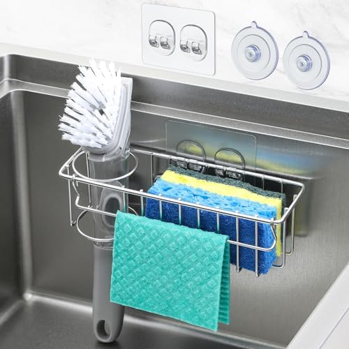 You are currently viewing 3-In-1 Sponge Holder for Kitchen Sink, 2 Suspension Options(Suction Cups & Adhesive Hook), Hanging Sink Caddy Organizer Rack – Sponge, Dish Cloth, Brush, Scrubber, Soap Tray, 304 Stainless Steel