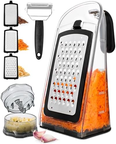 Read more about the article Cheese Grater with Garlic Crusher – Box Grater Cheese Shredder – Cheese Grater with Handle – Graters for Kitchen Stainless Steel Food Grater – Garlic Mincer Tool and Vegetable Peeler