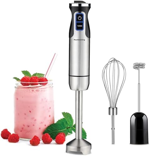 Read more about the article MuellerLiving Hand Blender, Immersion Blender, Hand Mixer with Attachments: Stainless Steel Blade, Whisk, Milk Frother