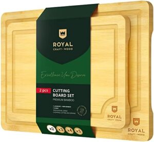 Read more about the article ROYAL CRAFT WOOD Wooden Serving Boards for Kitchen Meal & Cutting-Bamboo Cutting Board Set with Juice Groove Side Handles – Charcuterie & Chopping Butcher Block for Meat-Kitchen Gadgets Gift(2 Pcs)