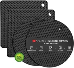 Read more about the article Walfos Silicone Trivet Mats – 4 Heat Resistant Pot Holders, Multipurpose Non-Slip Hot Pads for Kitchen Potholders, Hot Dishers, Jar Opener, Spoon Holder, Food Grade Silicone & BPA Free (Black)